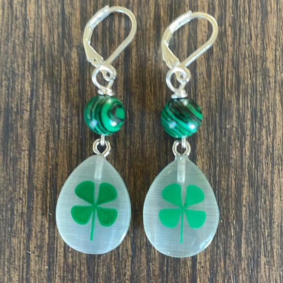 Hand Crafted Jewelry - HAND CRAFTED SHAMROCK EARRINGS Green Malachite/Teardrops with Green Shamrocks